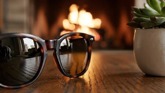 Elegant tortoiseshell-patterned sunglasses with reflective lenses are carefully placed on a rich, polished wooden surface. The inviting warmth of a softly glowing fireplace creates a comforting, blurr