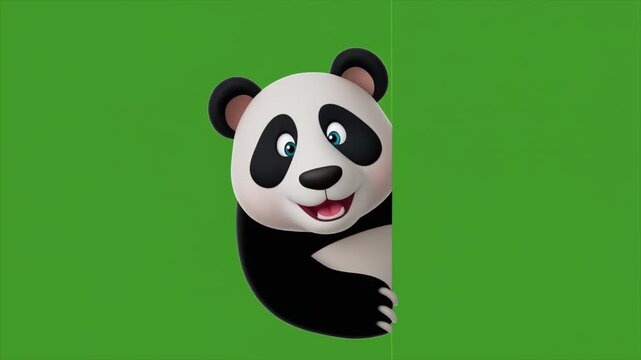 Cartoon Panda Bear Peeking from Behind a Green Screen.