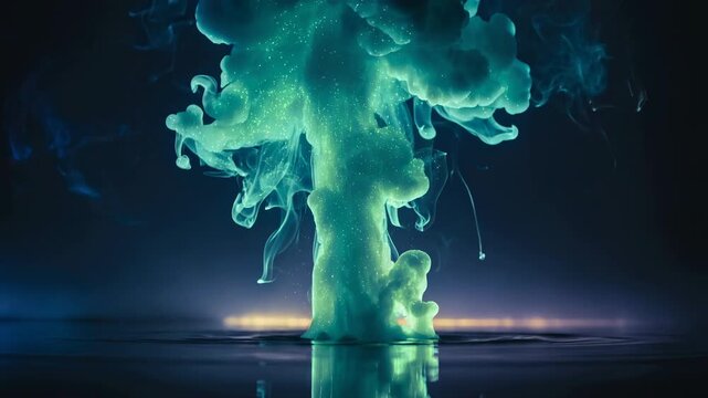 Liquid diffusion creating an ethereal cloud formation, glowing with blue and green hues against a dark background