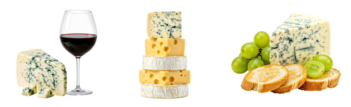 Set of various roquefort cheese with cracks and glass of red wine cheese pyramid brie gruyere cheddar dorbleu cheese with mold grapes and croutons isolated on transparent background