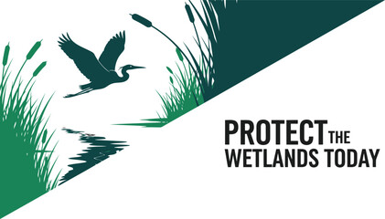 Protect wetlands today heron bird flying over reeds and water environmental conservation concept