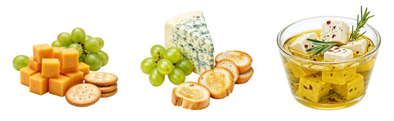 Set of various cheddar cubes with grapes and crackers cheese with mold grapes and croutons feta cheese in olive oil with herbs isolated on transparent background