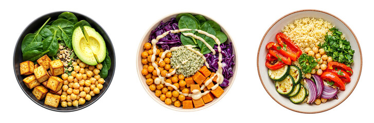 Set of various vegan bowls with tofu, chickpeas and vegetables isolated on transparent background