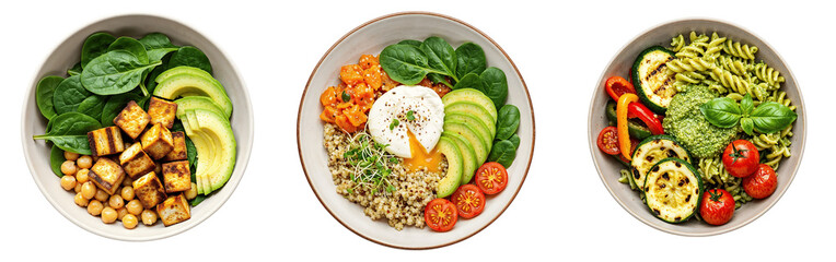 Set of various healthy vegan and grain bowls with tofu, quinoa and vegetables isolated on transparent background