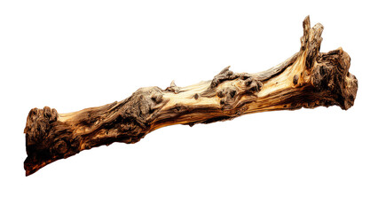 Fototapeta premium A long, gnarled piece of aged wood or driftwood, showcasing intricate textures, natural patterns, and varying brown tones against a solid transparent background. background removed