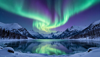 Stunning aurora borealis over a snowy mountain lake at night