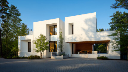 Cloud dancer modern architecture exterior of a white brick home design under a clear blue sky colour of the year 2026
