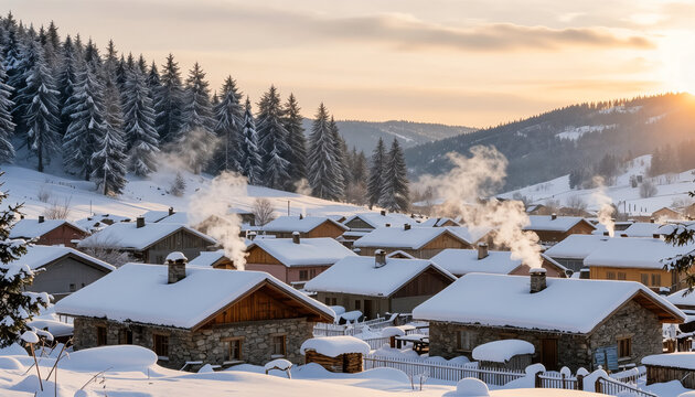Charming winter village with steaming chimneys and snow-covered rooftops at sunrise - Powered by Adobe