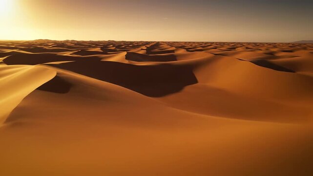 Stunning aerial dolly shot moving smoothly above vast repeating rows of perfectly sculpted sand dunes across an arid blank desert landscape dry, empty, perfectly sculpted sand dunes