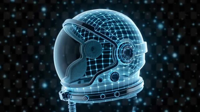 A futuristic digital representation of an astronaut helmet, glowing with gridlines against a starry background