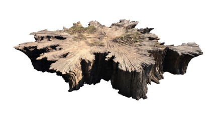 Obraz premium A detailed image of a weathered, ancient tree stump featuring prominent annual rings, natural textures, and a rugged, rustic appearance. background removed