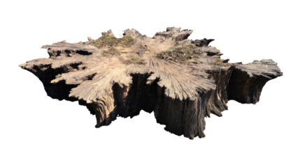 A detailed image of a weathered, ancient tree stump featuring prominent annual rings, natural textures, and a rugged, rustic appearance. background removed