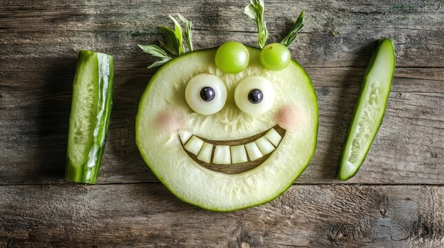 Funny cucumber face, wooden background