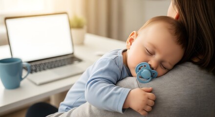 Peaceful sleeping baby resting on mother’s shoulder at home, warm natural light, working mom balancing career and childcare, tender motherhood moment showing love, comfort, bonding and family care.