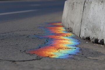 Fototapeta premium Oil spill creating iridescent rainbow colors on asphalt road
