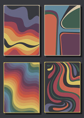 1970s Posters Background Set, Vintage 70s Colors and Shapes, Waves and Color Lines