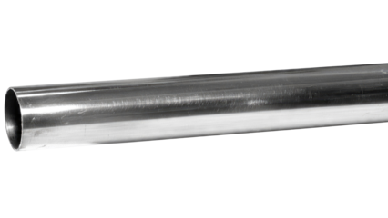 A long, hollow, cylindrical metallic pipe or tube, showcasing a brushed stainless steel surface with minor scratches on a clean background. background removed
