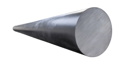A gleaming cylindrical metal bar, possibly steel or aluminum, with a subtly tapered end and finely grooved circular cross-section, against a transparent background. background removed