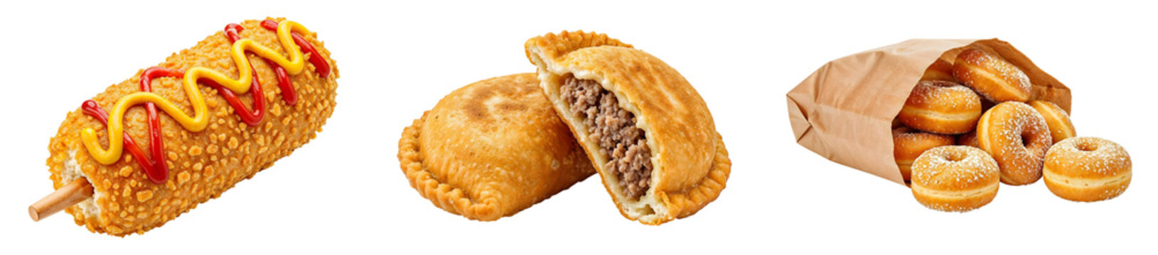 Set of corndogs chebureks and mini donuts isolated on transparent background
