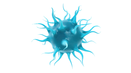 A 3D render of a detailed blue virus or germ, appearing spiky and cellular, with a translucent, fluid-like texture. background removed