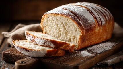 Freshly Baked Sliced Bread Loaf on Wooden Cutting Board.