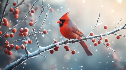 Winter Cardinal Bird Sitting on Snow Covered Berry Branch in a Calm Frosty Forest
