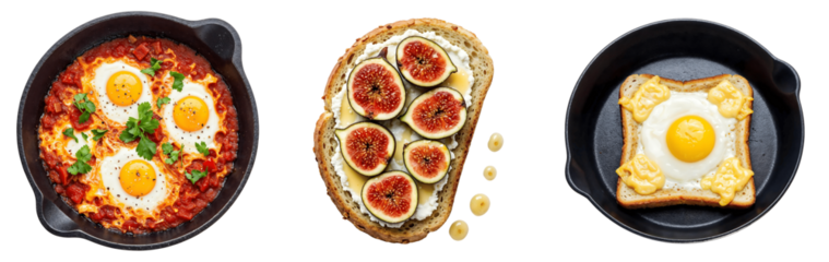 Set of various breakfast dishes with shakshuka toast and croques isolated on transparent background