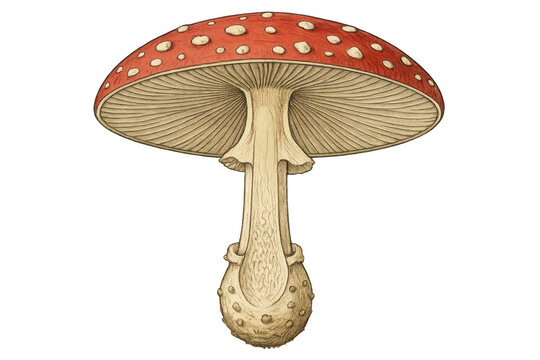 Fly agaric mushroom drawing with red cap and white spots, vintage botanical illustration on transparent background