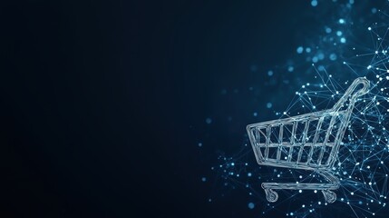 shopping cart network interface online shopping Shopping cart icon connected to a network of lines and nodes, dark background with glowing elements, representing online shopping and global