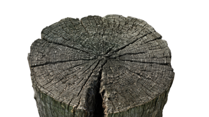 Close-up of a weathered tree stump cross-section revealing intricate annual rings and deep cracks, isolated on a transparent background. background removed
