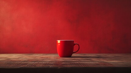 Minimal Red Coffee Mug on Rustic Wooden Table with Warm Red Background