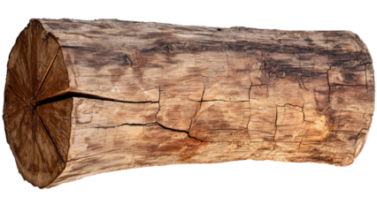 A rustic, weathered wooden log, severed to reveal its natural cracks and annual growth rings, isolated on a background. background removed