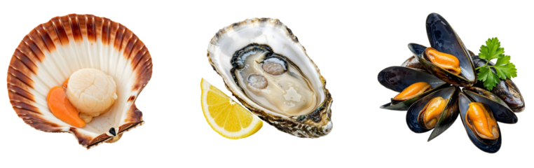 Set of various oyster mussels and sea scallop isolated on transparent background