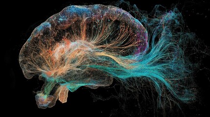 A colorful representation of a brain with neural connections and energy flows.