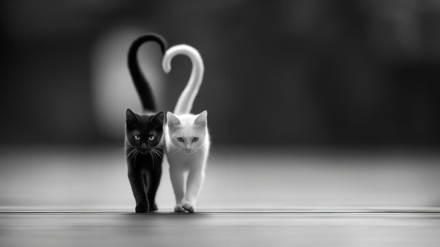 Zwei Katzen laufen nebeneinander, Schw&auml;nze formen herz&auml;hnliche Silhouette