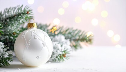 Elegant white Christmas ornament with snowy evergreen branch and twinkling lights creates a festive holiday mood for cards, banners, and social media posts