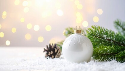 Elegant white Christmas ornament with festive bokeh lights and fresh pine, perfect for holiday cards, social media posts, or adding seasonal cheer