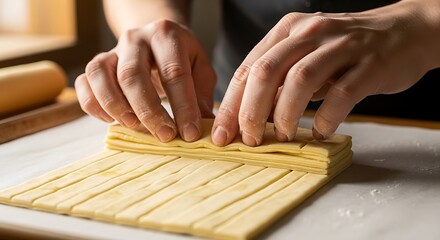 Hand layering strips of homemade pastry dough for a baking project