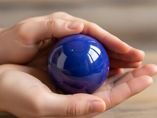 Hands gently cradle a smooth, reflective blue sphere in a calming scene