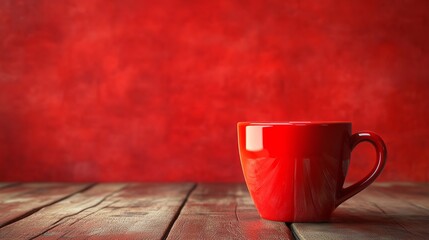 Minimal Red Coffee Mug on Rustic Wooden Table with Warm Red Background