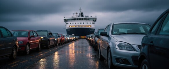 Cars line up like eager ducks waiting to board the seaside ferry vessel.