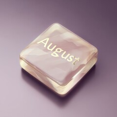 A translucent, square tile displaying "August" in gold against a pale, swirled interior, on a purple surface