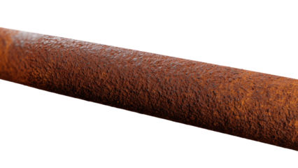 Close-up of a heavily rusted, textured metal pipe or bar, showcasing significant corrosion with a rough, granular surface. background removed