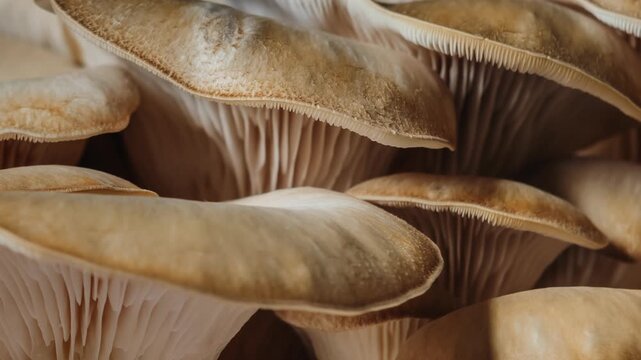 Macro timelapse mushrooms growing near moss-covered tree bark. Close-up fungi smooth beige caps and delicate gills, illuminated with warm natural light. Organic shapes texture, forest atmosphere