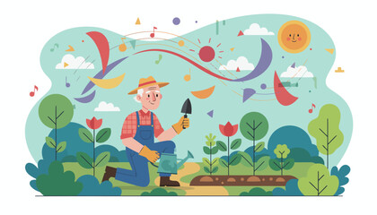 Fototapeta premium Garden Gardener At Work Tending Plants In Garden.