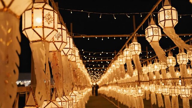 A nighttime scene of a festively decorated walkway lined with colorful lantern-style lights and string lights for a festival, with a dark background.