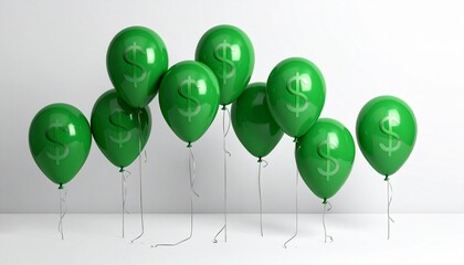 Green dollar sign balloon among round green balloons, metallic sheen, financial celebration theme.