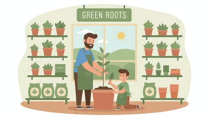 Naklejka premium Man and Child Gardening Together in Garden Center.