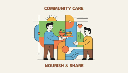 Two People Showing Care And Sharing Food Illustration.