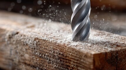 close-up of a drill bit drilling into a tree, creating dust